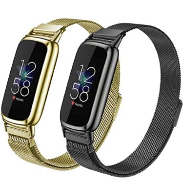 Imagem de Pulseira de metal compatível com pulseiras Fitbit Luxe, alça de substituição de pulso ajustável em malha de aço inoxidável para Fitbit Luxe/Luxe edição especial Fitness Tracker feminino masculino (dourado e preto)