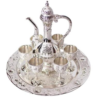 Imagem de Conjunto De Bule 6 Taças Copos Bandeja Clássico Árabe Prata