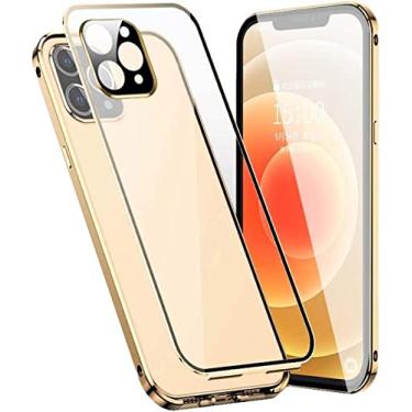 Imagem de HAODEE Capa magnética para Apple iPhone 13 Pro (2021) 6,1 polegadas, capa de proteção de telefone de vidro temperado transparente HD dupla face [moldura de pára-choques de metal] (cor: dourado)