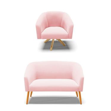 Imagem de Kit 1 Namoradeira E 1 Poltrona Rosa Bebê Base Madeira