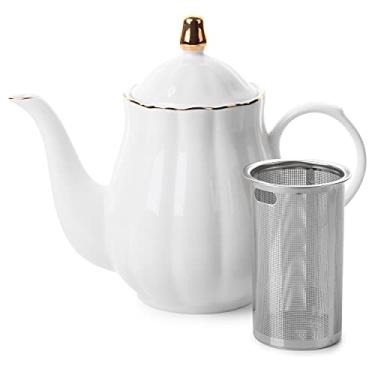 Imagem de BTaT- Bule de chá de porcelana com infusor de aço inoxidável, 946 ml, branco, bule de chá com acabamento dourado, bule de chá com infusor, bule de porcelana, bule de chá, bules para chá solto