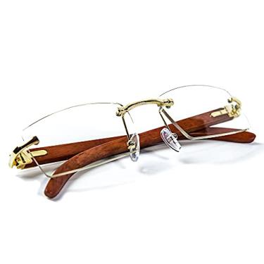 Imagem de Óculos de sol vintage retrô, retrô, sem aro, lentes transparentes, armação dourada, hip hop, retangular, masculino, feminino, sem moldura, óculos de sol com braço de madeira dos anos 90, moderno, sem