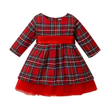 Imagem de Mercatoo Conjunto infantil para bebês meninas Natal vermelho xadrez manga comprida vestido para meninas roupa de Natal, Red, 4-5 Anos