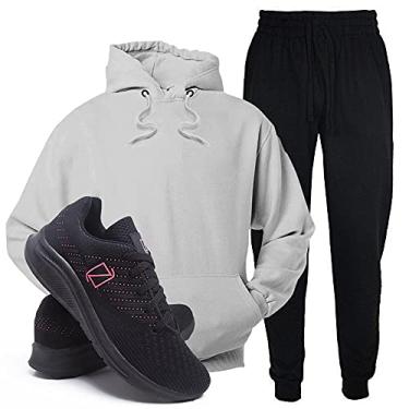 Imagem de Conjunto Blusa e Calça Moletom + Tenis Academia Casual Conforto - Cinza/PretoRosa - M/39