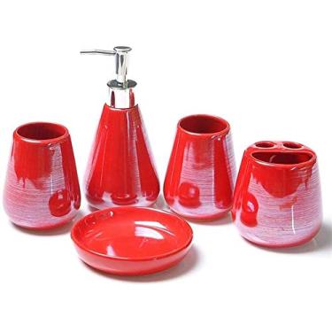 Imagem de Conjunto de acessórios de banheiro simples de 5 peças de acessórios de banheiro de cerâmica conjunto de acessórios de banheiro inclui dispensador de sabonete, escova de dentes, suporte de acessórios de banheiro (cor: verde) - vermelho U