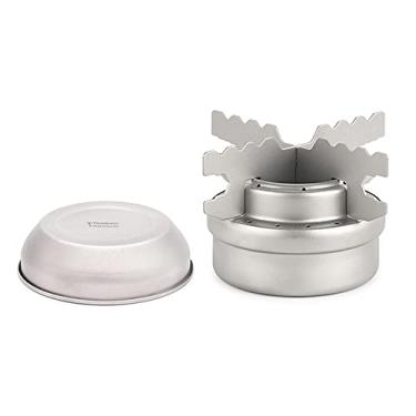Imagem de Mini fogão de acampamento com álcool de titânio, fogão de acampamento portátil + conjunto de prateleira queimadores para uso ao ar livre com tampa para acampamento, caminhada, churrasco, cozinha, piquenique