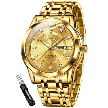 Imagem de OLEVS Relógio de pulso masculino de luxo para negócios, quartzo, aço inoxidável, à prova d'água, luminoso, data, 5513: Pulseira dourada e mostrador dourado, Relógio de quartzo