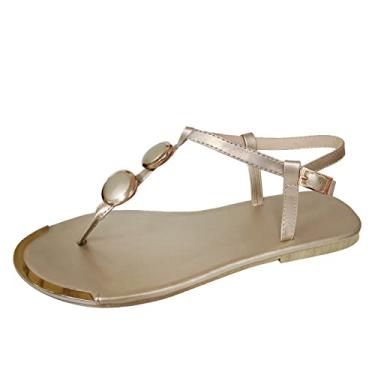 Imagem de Flats Roman Sandálias femininas de verão com tira aberta no dedo do pé fivela sandálias casuais femininas sandálias femininas slide, Dourado, 9