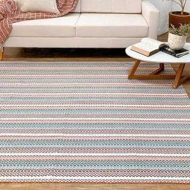 Imagem de Tapete Sala 1,40m x 2,00m Colorido Tropical Geométrico 100% Algodão Natural Artesanal de Tear Antiderrapante Emborrachado para Quarto Preto Azul Cinza Cru