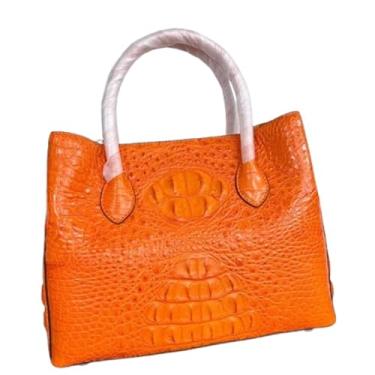 Imagem de Bolsa feminina de couro de crocodilo genuína azul celeste colorida bolsa feminina de couro de jacaré exótico bolsa de ombro única, Cor laranja, 30cm(Length) x 23cm(Height)x 13cm(Deep)