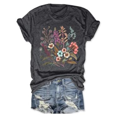 Imagem de Camiseta feminina com estampa de flores boêmias, vintage, estampa de flores silvestres, casual, botânica, manga curta, Cinza escuro - 2, XXG