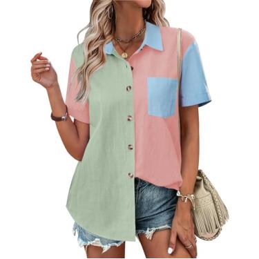 Imagem de Zeagoo Camisetas femininas com botões coloridas, manga curta, algodão, linho, blusas casuais de verão, Pat9, P