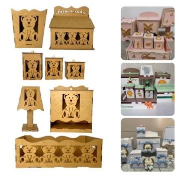 Imagem de Kit Bebê Higiene Farmacinha em Mdf 8 Pçs Desenho Urso Personalizavel Com Fiação