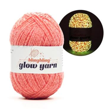 Imagem de BulingBuling Fio de chenille que brilha no escuro – peso esportivo (2 finos), pêssego fluorescente de 100 ml, para decoração de Natal de malha, mantas, capas de travesseiro e bricolage noturno