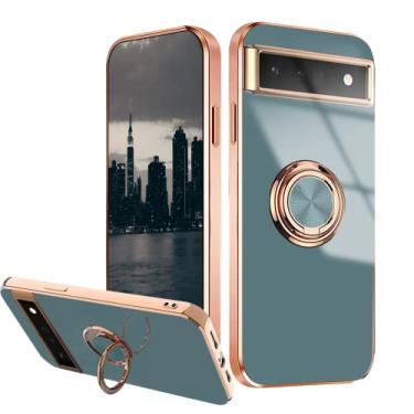 Imagem de Wousunly Compatível com Google Pixel 6A capa suporte de anel ímã verde, capa para celular Google Pixel 6A placa de silicone à prova de choque capa fina de luxo (Google Pixel 6A, cinza)