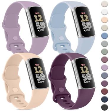 Imagem de Vancle Pulseira compatível com Fitbit Charge 6 para mulheres e homens [pacote com 4], pulseiras esportivas clássicas de substituição macia para Fitbit Charge 5 Fitness & Health Tracker (roxo claro +
