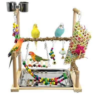 Imagem de kathson Parrot Play Stand periquito playground pássaro selva ginásio madeira Conure brinquedos para mastigar pendurar com copos alimentadores e balanços, acessórios para gaiola de pássaros para