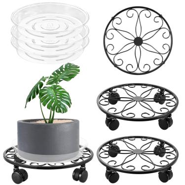 Imagem de lucpur Pacote com 3 suportes de metal para plantas com rodas, suporte para plantas de 33,5 cm com rodas de ferro forjado resistente, rolos, carrinho de plantas com 3 unidades de pires