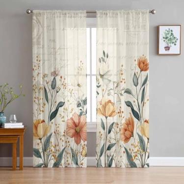 Imagem de Cortinas de janela translúcidas florais, vintage, folhas verdes, flores, cortinas, bolso para varão, voile, casa de fazenda, botânica, tratamento de janela para sala de estar, quarto, 137 cm L x 213