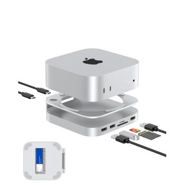 Imagem de GEWOKLIY Base para Mac mini M4, suporte e hub de alumínio para Mac mini M4 e M4 Pro 2024 com gabinete SSD M.2 NVMe, 2x USB-A de 10 Gbps, leitores de cartão SD/TF, dados USB 2.0 (prata) │Acessórios