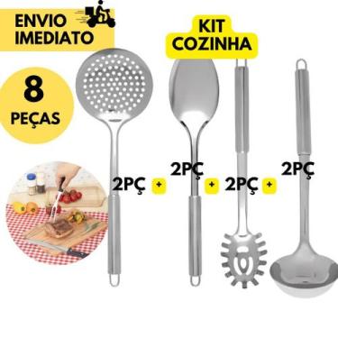 Imagem de Kit 8 Peças Cozinha Inox 2 Concha 2 Escumadeira 2 Colher de Arroz e 2 