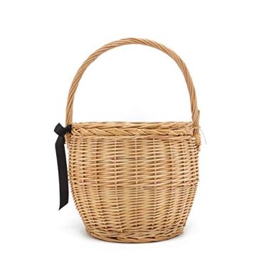 Imagem de Miuco Bolsa feminina de vime feita à mão com palha de ratã e bolsa de bambu com tampa, Natural, Small
