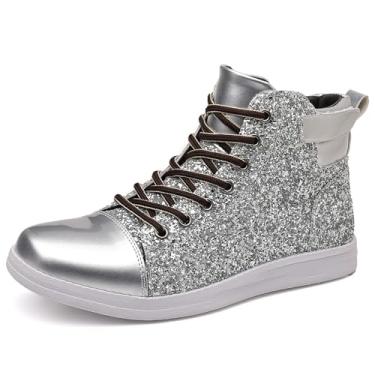 Imagem de Trsorini Tênis masculino com glitter, cano alto, brilhante, lantejoulas, brilhante, cadarço, A/Glitter Prata, 45