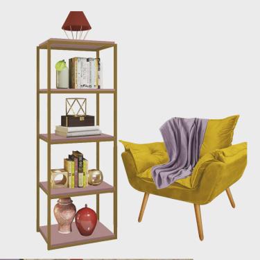 Imagem de Kit Poltrona Fatte com Manta Soft Lilás e Estante Livreiro Ferro Dourado mdf Rose Suede Amarelo - Ahazzo Móveis