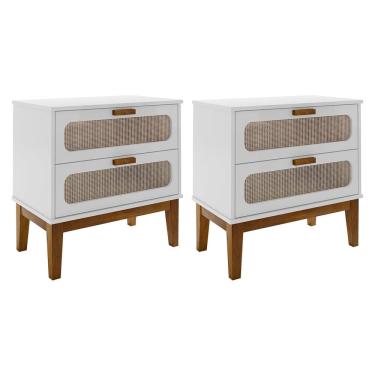 Imagem de Kit 2 Mesas de Cabeceira Retrô Vintage 2 Gavetas Santorini Branco 60 Cm com Tela Indiana