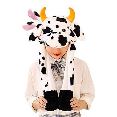 Imagem de Chapéu de coelhinho de vaca com orelhas que se movimentam pulando, chapéu divertido de pelúcia animal vacas coelho festa cosplay Natal chapéus de Natal para crianças adultos (vacas)