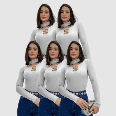 Imagem de Kit 5 Body Blusa Canelada Manga Longa Gola Choker  Moda Gringa Social 