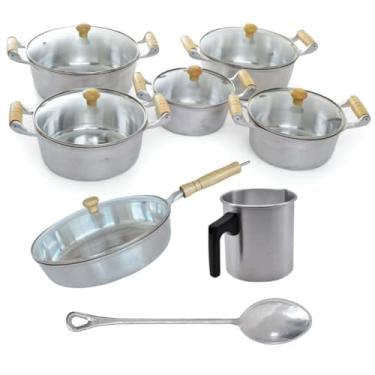 Imagem de Jogo de Panelas Frigideira Canecão 7 Pçs Alumínio Batido Fundido Tampa de Vidro Cabo de Marfim Envernizado Cozinha Moderna Qualidade Profissional