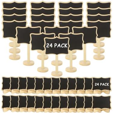 Imagem de YOUNTHYE 48 peças de mini placas de lousa com suporte de etiquetas de comida para buffet de festa, placa de lousa pequena reutilizável, placa de madeira, mini placas de lousa para números de mesa