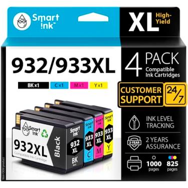 Imagem de Cartucho de tinta compatível com Smart Ink de substituição para impressoras HP 932 XL 933 XL 932XL 933XL de alto rendimento, pacote com 4 (preto e C/M/Y), cartuchos de tinta de alta capacidade para impressoras HP Officejet 6600 6100 6700 7110 7610 7612
