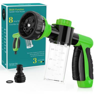 Imagem de Garden Hose Nozzle, High Pressure Spray Gun Nozzle, 8 Spray Patterns for Watering Plants, Lawn, Patio, Cleaning, Showering Pet with 3.5oz/100cc Soap Dispenser Bottle