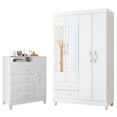 Imagem de Quarto Solteiro Completo Guarda Roupa Âmbar 4 portas com Espelho Cômod