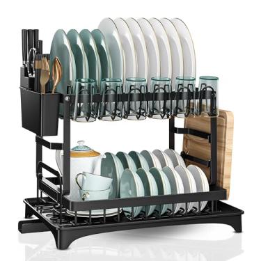 Imagem de QUIZINE Escorredor de pratos de duas camadas, tinta eletrostática metálica de 3 camadas, bandeja de drenagem automática, resistente e compacta para utensílios de mesa, copos e talheres, monta e