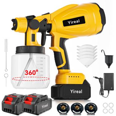 Imagem de Yireal Pistola De Pintura Sem Fio Com Bateria 2 De 2000Mah 3 Bicos De Cobre 2 Recipientes De 800Ml Pulverizador De Tinta Hvlp Para Pintura De Casas, Móveis, Armários, Cercas, Paredes, Casa E Exteri