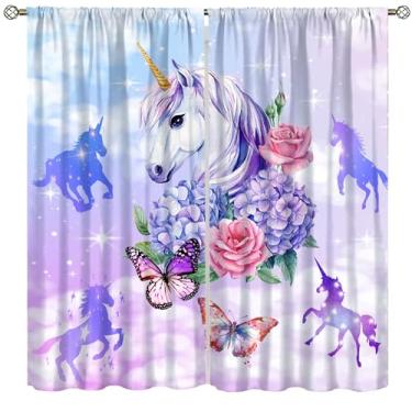 Imagem de Cortina blackout de unicórnio, romântico, cavalo, borboleta, glitter, estrelas, roxo, galáxia, nuvem, cortinas para meninas, quarto, café, sala de jantar, escritório, sala de estar, cozinha, 107 x 114