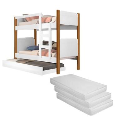Imagem de Conjunto Para Quarto Solteiro Com Beliche Cama Auxiliar MDF 3 Colchões