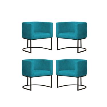 Imagem de Kit 4 Poltronas Reforçada Decorativa Sala Gabriela Base Ferro Preta Suede Azul Tifany