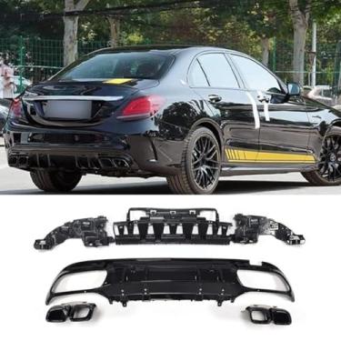 Imagem de Lábio de para-choque de carro traseiro para garganta traseira compatível com C-Class W205 2015-2020 divisor traseiro difusor spoiler corpo kit acessórios para carro (Lip Black+Rear Tail Throat Black)