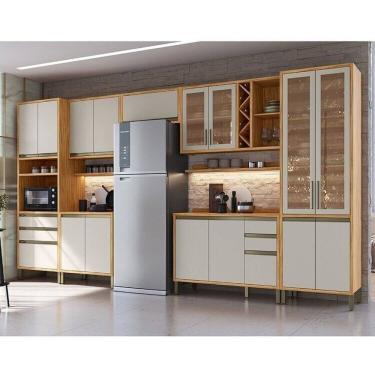 Imagem de Cozinha Modulada Completa 7 Peças 16 Portas com Vidro e Tampo 100% Mdf Barbados Espresso Móveis Amêndoa/Off White