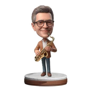Imagem de Saxofone personalizado tocando cavalheiro Bobblehead feito à mão a partir de sua foto, ótimo presente para amantes de música, pai, namorado, irmão, amigo, decoração de mesa elegante