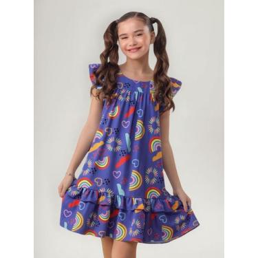 Imagem de Vestido Lara Infantil Arco Íris E Nuvens Roxo Babado Luxo - Se Tu Benç