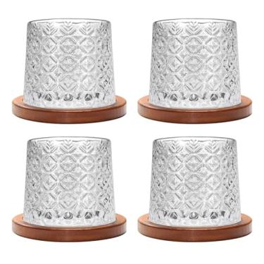 Imagem de Copo giratório antiquado, conjunto de 4 copos de uísque de cristal de 275 ml/283.5 g, porta-copos de madeira, espessamento, usado como copo de rum, copo de coquetel, xícara de café, copo de leite para