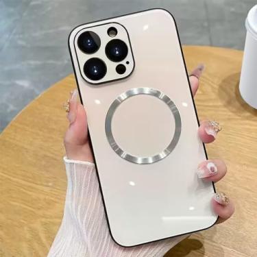 Imagem de Guppy Capa magnética compatível com iPhone 14 Pro Max, com protetor de lente de câmera completo [compatível com MagSafe] Capa traseira de vidro gradiente resistente a arranhões - Branca