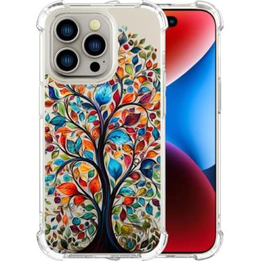 Imagem de ENDIY Capa compatível com iPhone 14 Promax para mulheres meninas meninas bonito designer protetor de telefone transparente com design Pro Max transparente, árvore colorida folhas