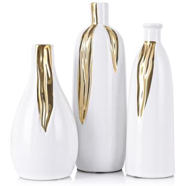 Imagem de Conjunto de 3 vasos de cerâmica brancos e dourados, conjunto de vasos de cerâmica para decorativos, vasos de haste única brancos e dourados para mesa de cabeceira, cozinha, decoração de casa de