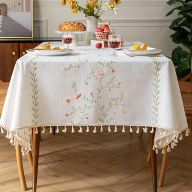 Imagem de KAIJIE Toalha de mesa retangular texturizada estilo rural toalha de mesa de algodão e linho bordado com decorações de borla para casa 100 x 160 cm